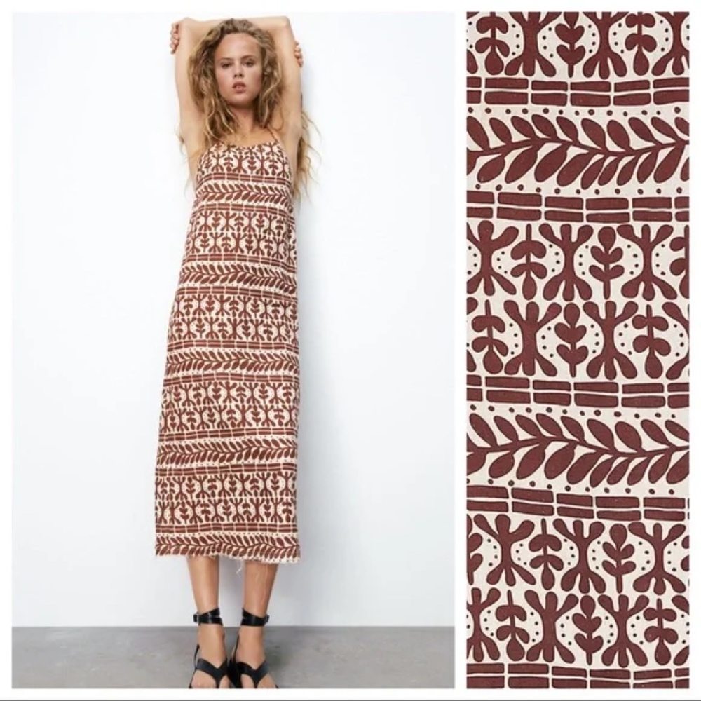 NWT Zara Brown Printed Linen Midi Dress